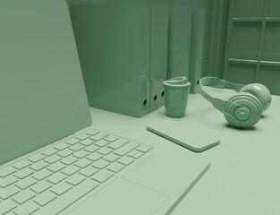 Green work of place concept scene 3D rendering interior wallpaper background