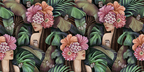 Tropical seamless pattern with beautiful women, butterflies, plumeria, cactus, hibiscus flowers, monstera, palm, banana leaves. Hand-drawn vintage 3D illustration. Good for wallpapers, fabric printing - 435039977