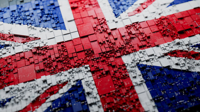 Flag of United Kingdom rendered in a Futuristic 3D style. British Technology Concept. Tech Wallpaper.