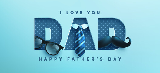 Father's Day poster or banner template with necktie,glasses and mustache on blue.Greetings and presents for Father's Day in flat lay styling.Promotion and shopping template for love dad concept