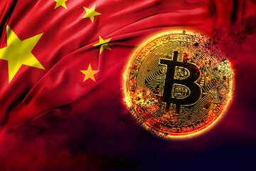 burning golden bitcoin coin on the chinese flag background