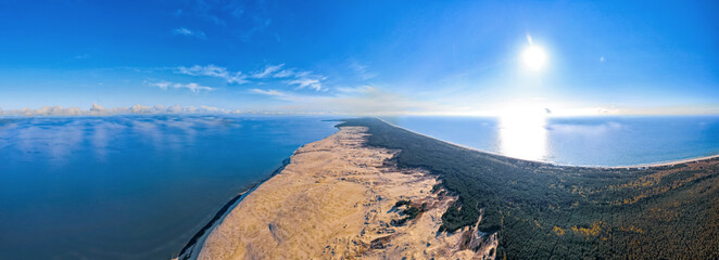 Panorama Curonian Spit from above Kaliningrad Russia, aerial top view of national park - obrazy, fototapety, plakaty