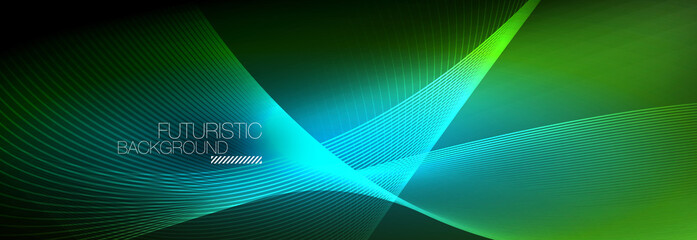 Abstract neon glowing light in the dark with waves. Shiny magic energy and motion concept, vector abstract wallpaper background