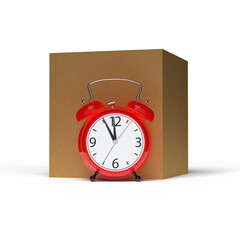 Alarm clock and a cardboard box on white background. 3D rendering
