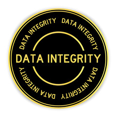 Black and gold color round label sticker with word data integrity on white background