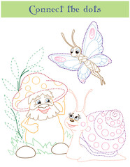 Connect the dots, education game for children, mushroom, snail, butterfly.