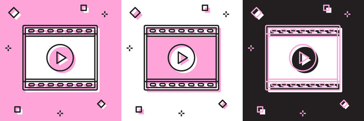 Set Online play video icon isolated on pink and white, black background. Film strip with play sign. Vector
