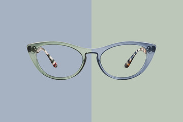 Green and blue color glasses isolated on background, ideal photo template for display or...