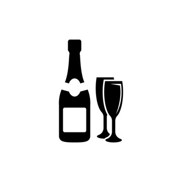 Champagne Wine Bottle and Two Glasses. Flat Vector Icon illustration. Simple black symbol on white background. Champagne Wine Bottle and Two Glasses sign design template for web and mobile UI element.