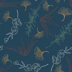 Fototapeta premium Ginkgo biloba leaf, aloe vera plant, rosemary, eucalyptus on the hand drawn floral seamless pattern