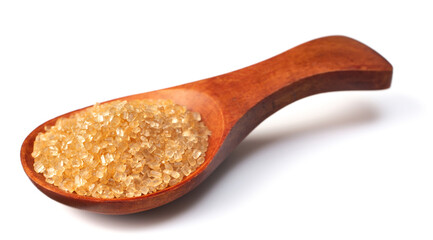 yellow sugar in the wooden spoon, isolated on white background
