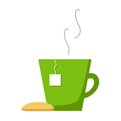 Green cup of hot tea with teabag label, steam and yellow cookie. Flat style, vector illustration
