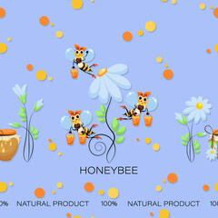 Bees collect honey. Natural product. Chamomile vector background, pattern. Swarm. Honey bees fly.