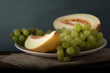 Close up still life composition with melon and grape. Selective focus on grape with drops of water.