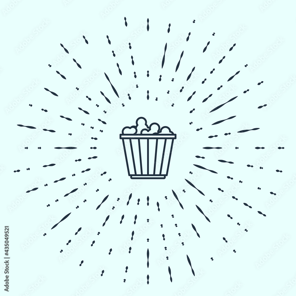 Poster Black line Popcorn in cardboard box icon isolated on grey background. Popcorn bucket box. Abstract circle random dots. Vector