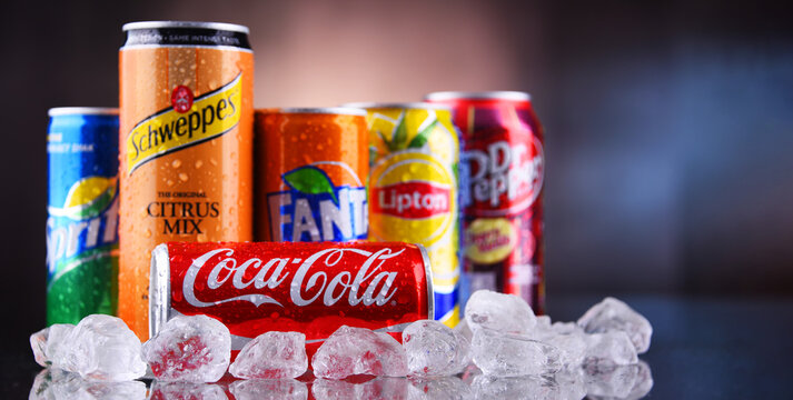 Cans of popular soft drink brands