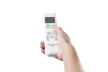 Hand holding air conditioner remote control on a white background