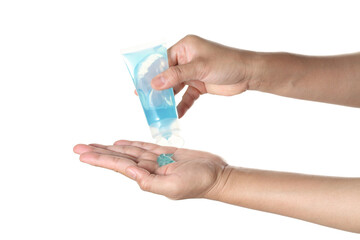 woman using antibacterial hand sanitizer gel on white background