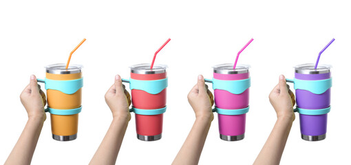 Hand holding stainless steel thermos mug on white background