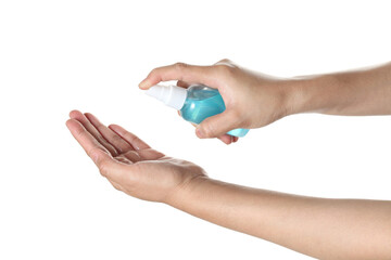 woman using antibacterial hand sanitizer spray on white background