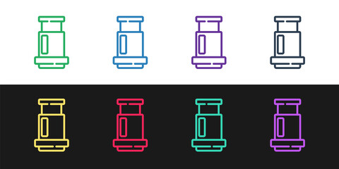 Set line Aeropress coffee method icon isolated on black and white background. Device for brewing coffee. Vector