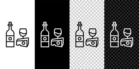 Set line Wine bottle with glass and cheese icon isolated on black and white background. Romantic dinner. Vector