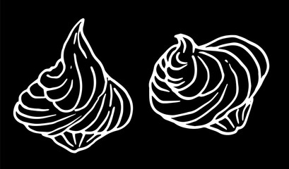 Vector isolated meringue set hand-drawn in sketch style. sweet meringue sugar confection white line on black background for design template, recipes, menus, signage.