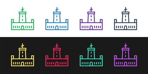 Set line Montjuic castle icon isolated on black and white background. Barcelona, Spain. Vector