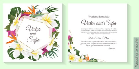 Fototapeta na wymiar Floral design for wedding invitation. Gold round frame, frangipani, strelitzia, bougainvillea, monstera and palm leaves.
