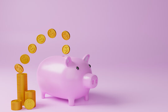 Money saving concept in a piggy bank with money placed next to the 3d rendering
