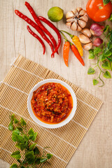 Top of View Sambal Balado with chili ingredient. Sambal Balado is Traditional red chili paste from Padang, West Sumatra