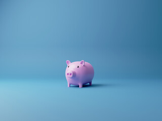 Piggy bank of pigs viewing fountain placed on a blue background. Money saving concept 3d rendering