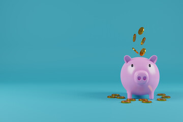 Money saving concept in a piggy bank with money placed next to the 3d rendering