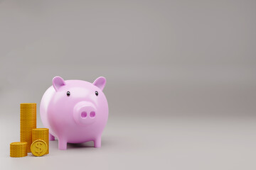 Money saving concept in a piggy bank with money placed next to the 3d rendering