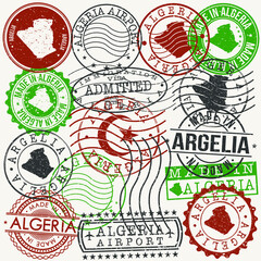 Algeria Set of Stamps. Travel Passport Stamps. Made In Product Design Seals in Old Style Insignia. Icon Clip Art Vector Collection.
