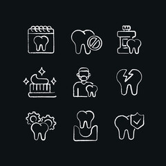 Dentistry chalk icons set. Dental services and therapy. Vector isolated black illustration.