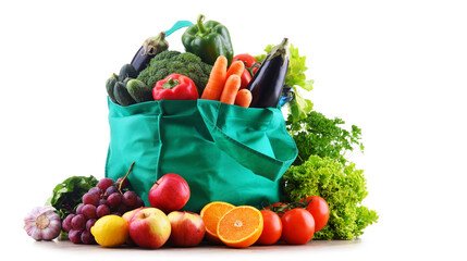 Shopping bag with vegetables and fruits isolated on white