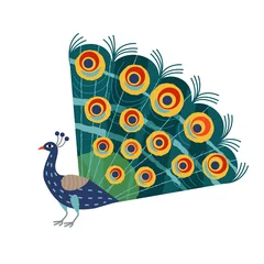 Fotobehang Indian peacock with decorative pattern on tail. Beautiful bird in vintage style vector illustration. Tourism in India travel symbol for flyer or poster on white background © backup_studio