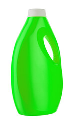 Green plastic bottle for liquid laundry detergent, cleaning agent, bleach or fabric softener isolated on white background.