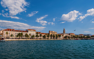 Fototapeta na wymiar Palm waterfront of Split city, Dalmatia, Croatia. August 2020