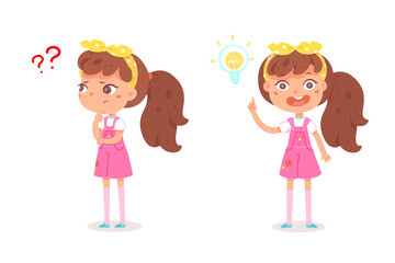 Thoughtful girl thinking and getting idea. Little pensive child standing with question and receiving answer or solution to problem vector illustration. Cute kid on white background