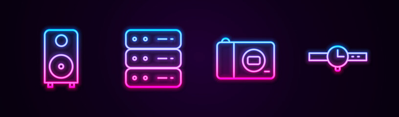 Set line Stereo speaker, Server, Data, Web Hosting, Photo camera and Wrist watch. Glowing neon icon. Vector