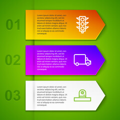 Set line Traffic light, Delivery cargo truck, Security camera and Electrical outlet. Business infographic template. Vector