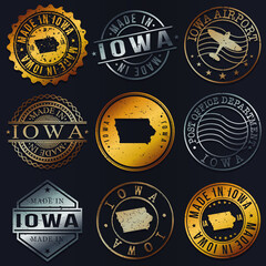 Iowa, USA Business Metal Stamps. Gold Made In Product Seal. National Logo Icon. Symbol Design Insignia Country.