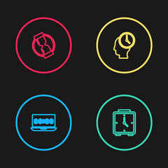 Set line Clock on laptop, Alarm clock, Time Management and Old hourglass icon. Vector
