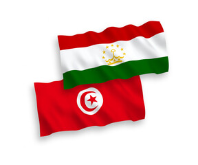 National vector fabric wave flags of Republic of Tunisia and Tajikistan isolated on white background. 1 to 2 proportion.