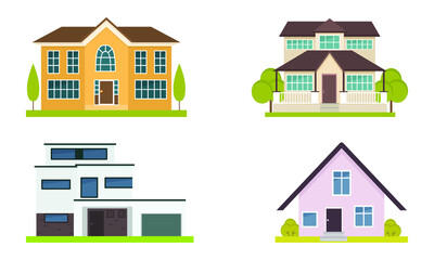 A set of facades of country houses. Modern colorful buildings in a flat style. Vector illustration