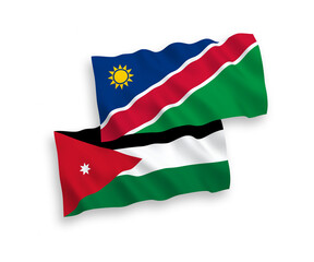 National vector fabric wave flags of Republic of Namibia and Hashemite Kingdom of Jordan isolated on white background. 1 to 2 proportion.