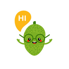 Cute smiling cartoon style green jackfruit character in glasses with speech bubble saying hi, hello.