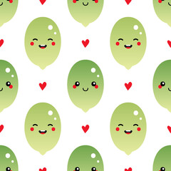 Cute happy cartoon style raw shelled pumpkin seed character and red hearts vector seamless pattern background.